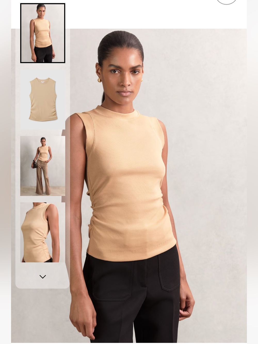 Trudy Fine-Rib Ruched Vest Top in Camel